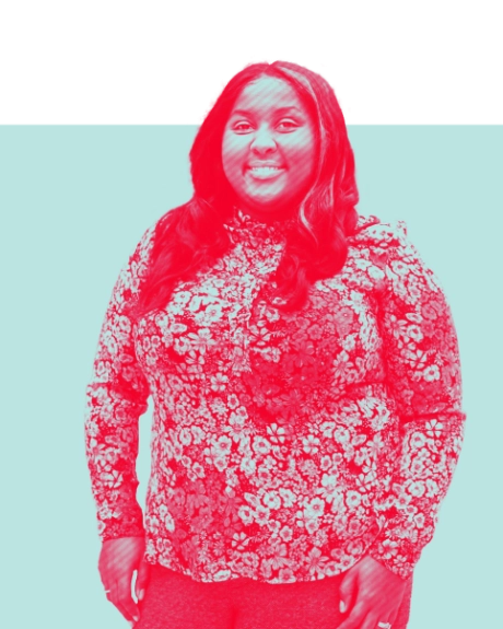 Duotone image of Keisha Robinson standing and smiling at the camera in green and red.