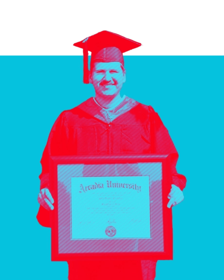 Duotone image in red and blue of Luke Thatcher, College Access Mentor Program Director, Bachelor's of Arts, Mathematics holds his diploma at graduation in his cap and gown.
