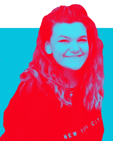 Duotone of Haley Bauso smiling and looking at the camera in red and blue.