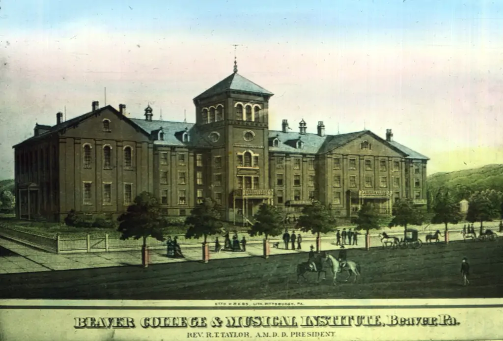 Old drawing of a university from a newspaper with the caption "Beaver College & Musical Institute, Beaver, PA."