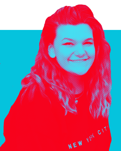 Duotone of Haley Bauso smiling and looking at the camera in red and blue.