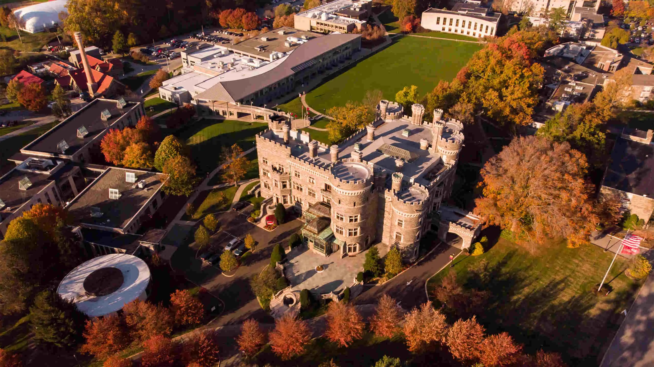 An aerial photo of campus in the fall