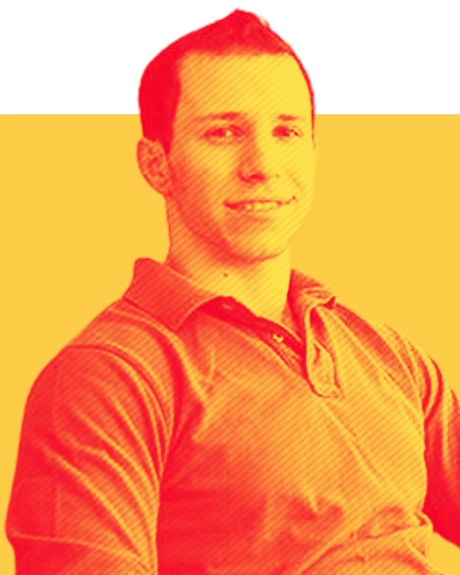 Duotone of Mitchell Cohen, B.A. in Business Administration, in yellow and red