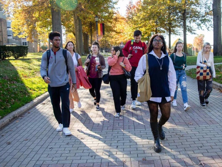 a diverse group of students walks down a tree-lined sidewalk on campus