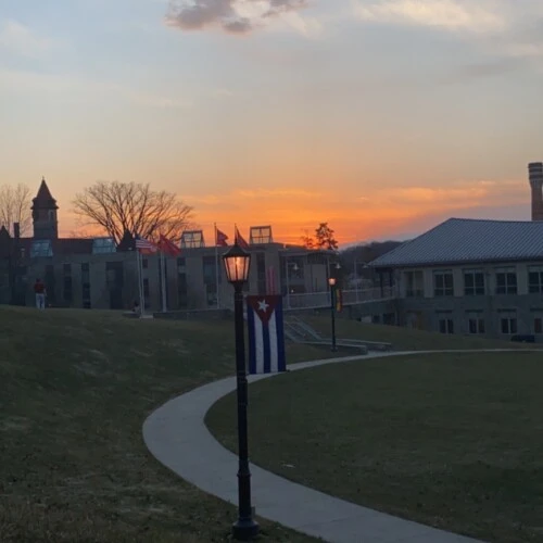 a colorful sunset over Murphy Hall on the campus of Arcadia University