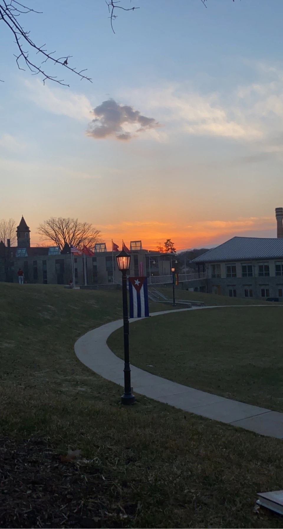 a colorful sunset over Murphy Hall on the campus of Arcadia University