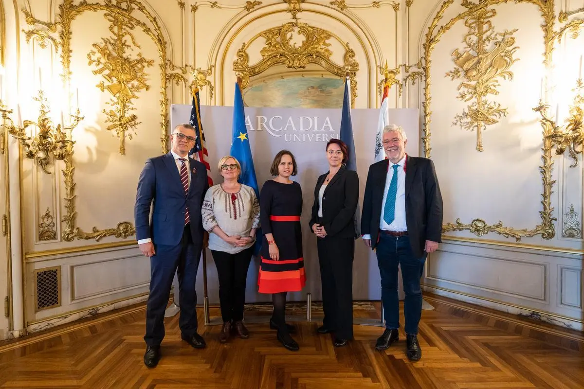 Ambassadors Auriele Bonal, of France, Jean-Arthur Régibeau, of Belgium, and Kristjan Prikk, of Estonia, visited campus for a discussion on US-EU relations