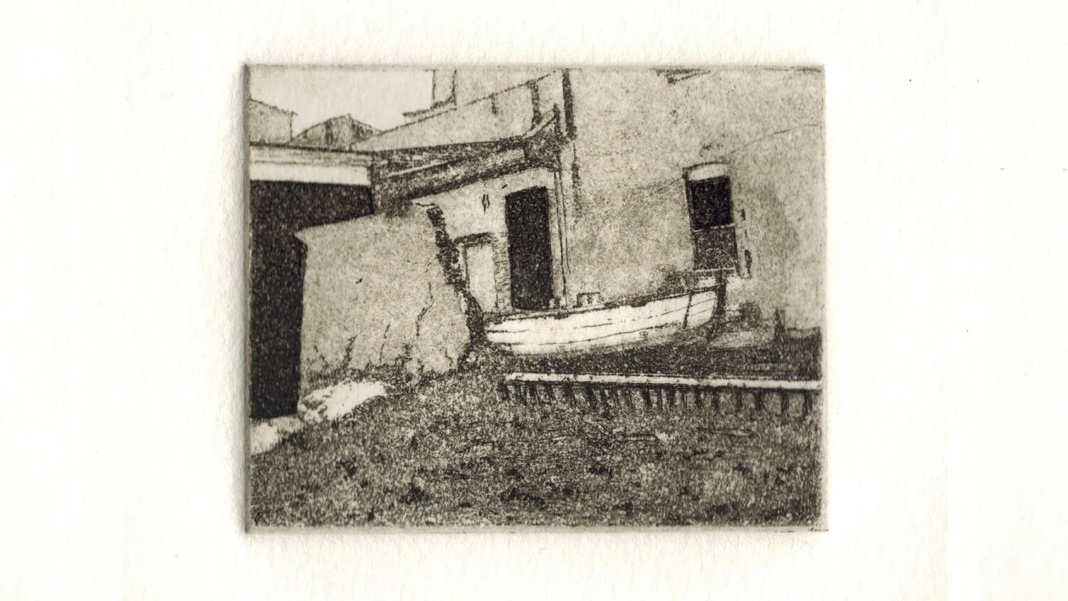 an etching of a boat next to an old building