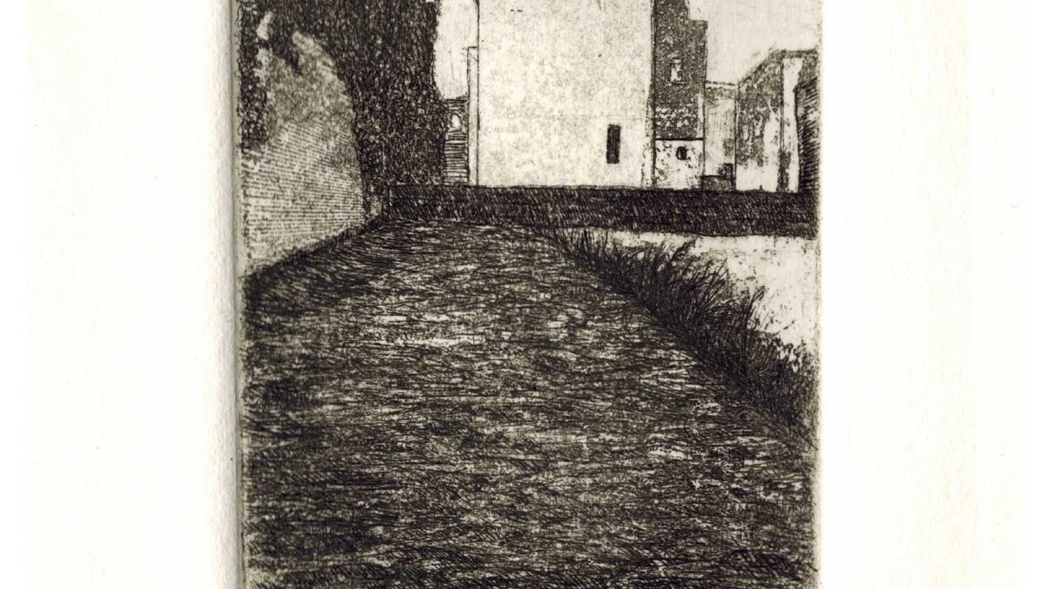 an etching of an empty lot with a building behind