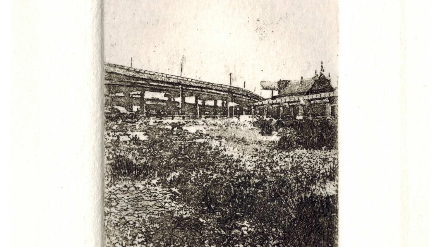 an etching of a landscape with a highway overpass in the background