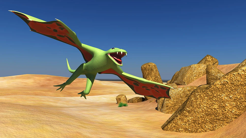 A 3D polygonal rendering of a large flying reptile.