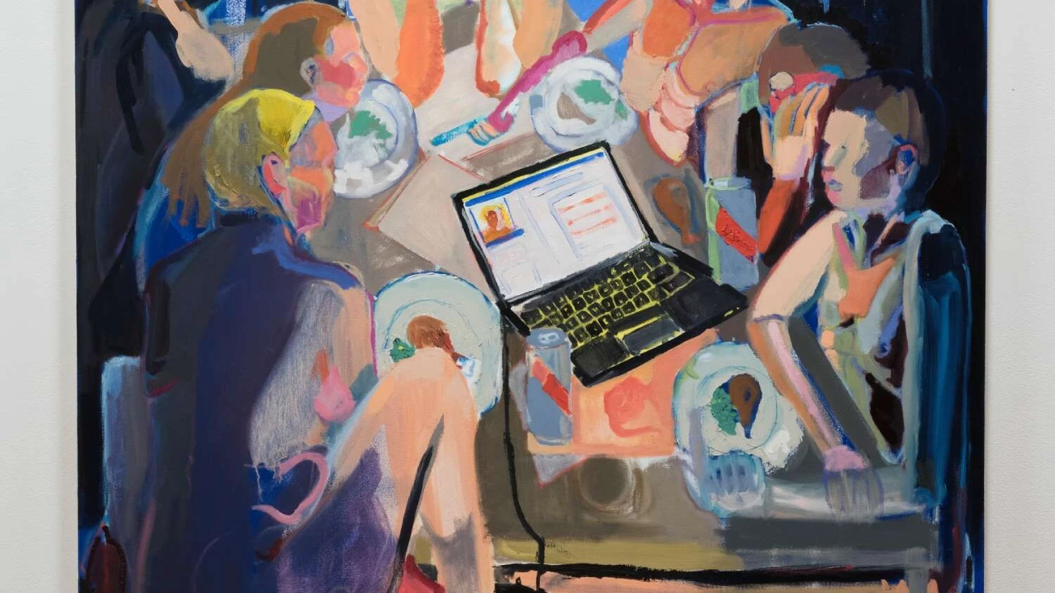 An abstract painting on exhibition showing various figures around a table with a laptop in the center