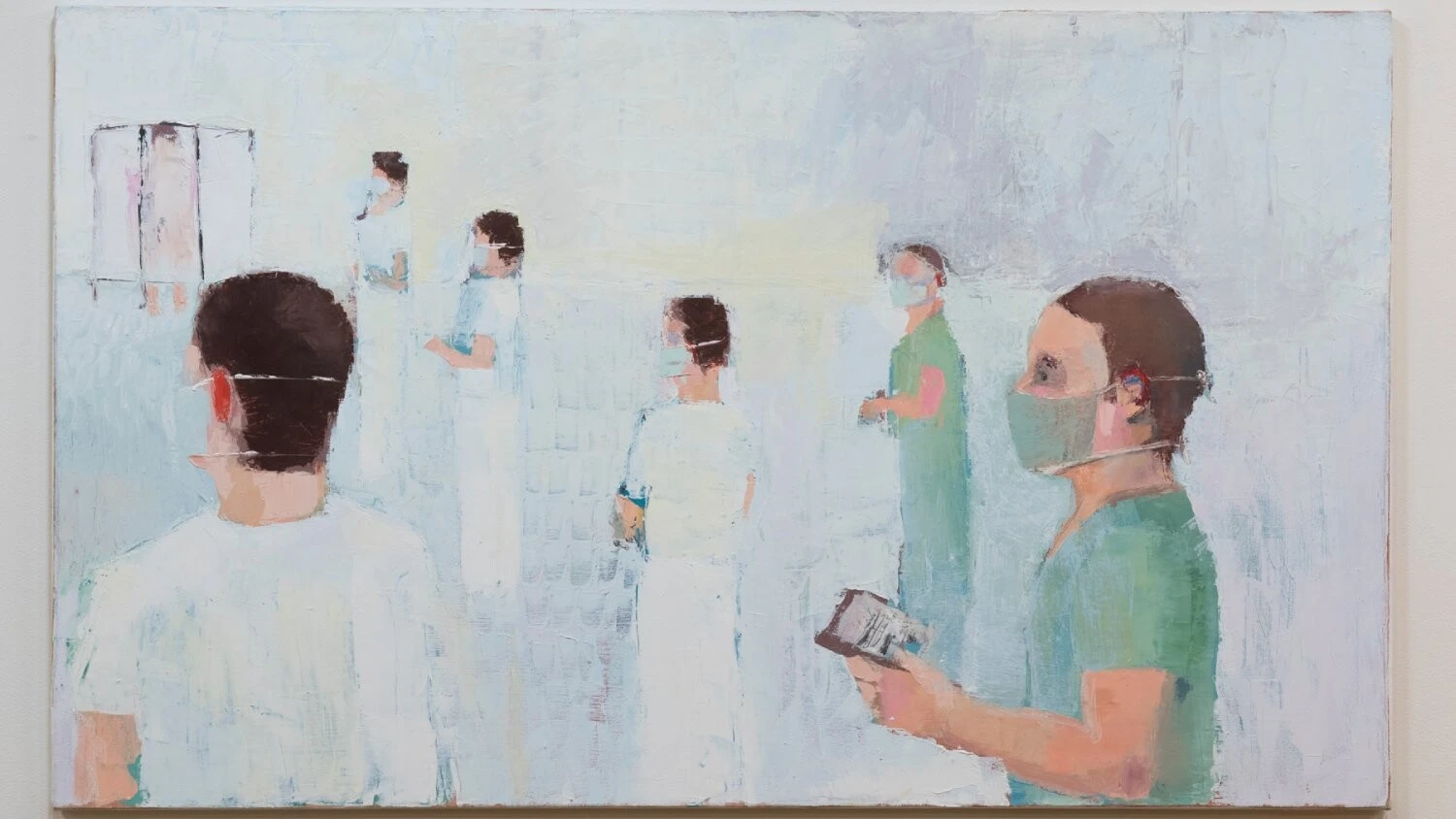 An abstract painting shows medical staff and patient wearing masks