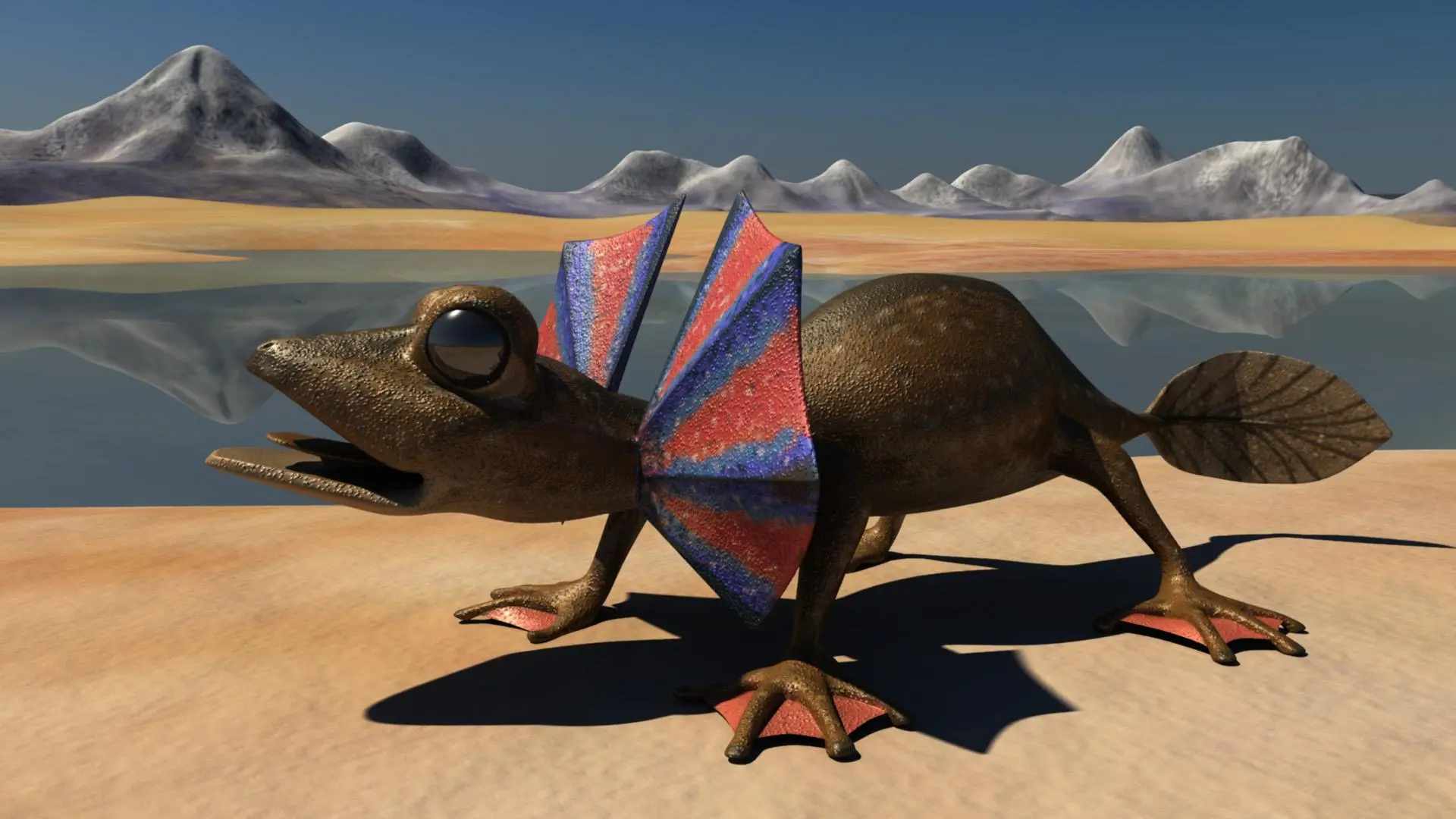 A 3D illustration of an animal resembling a frilled lizard.