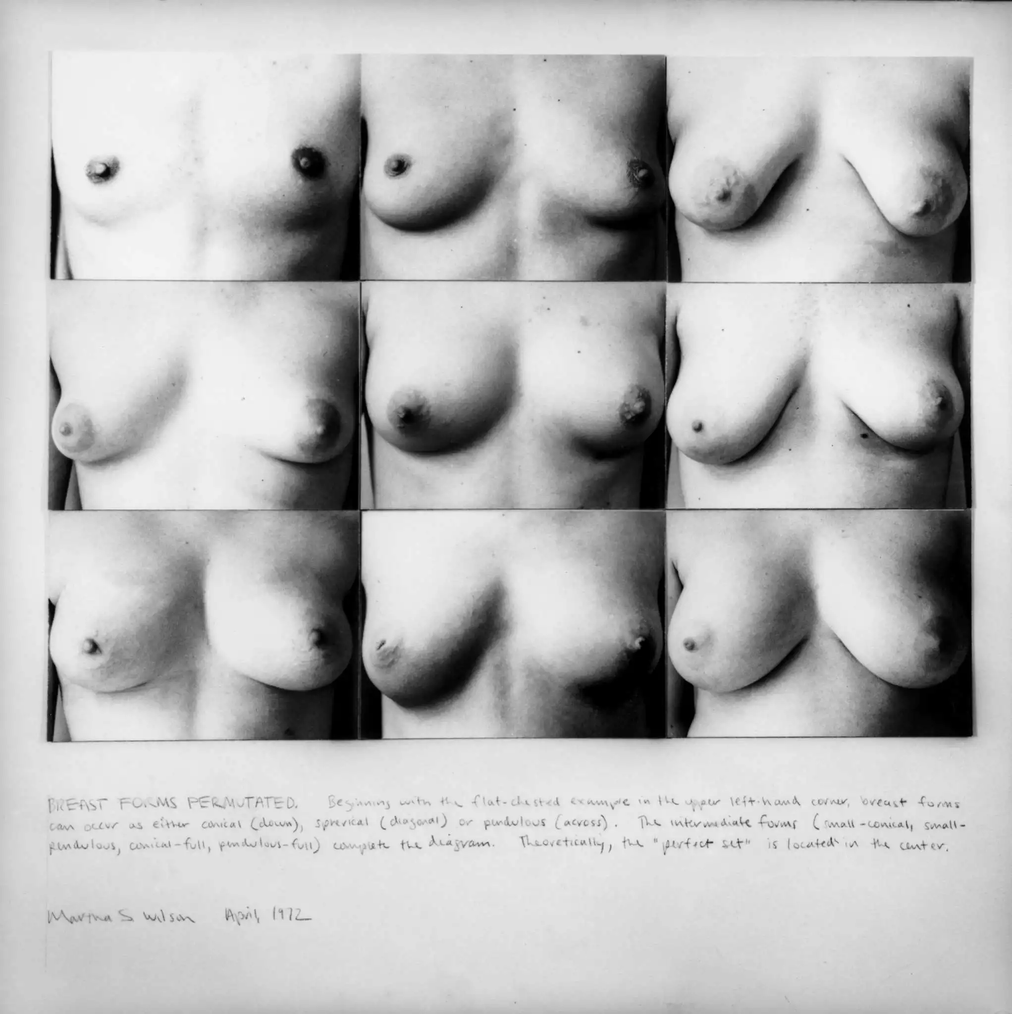 Martha Wilson Breast Forms Permutated, 1972 black-and-white photograph, text 16 3.8 x 14"