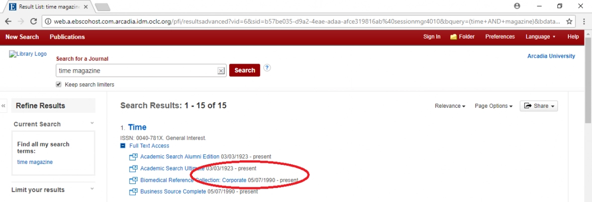 Screen shot of the second step (confirm available date range) in obtaining full-text for Arcadia University's "Find a Journal" Search Engine.