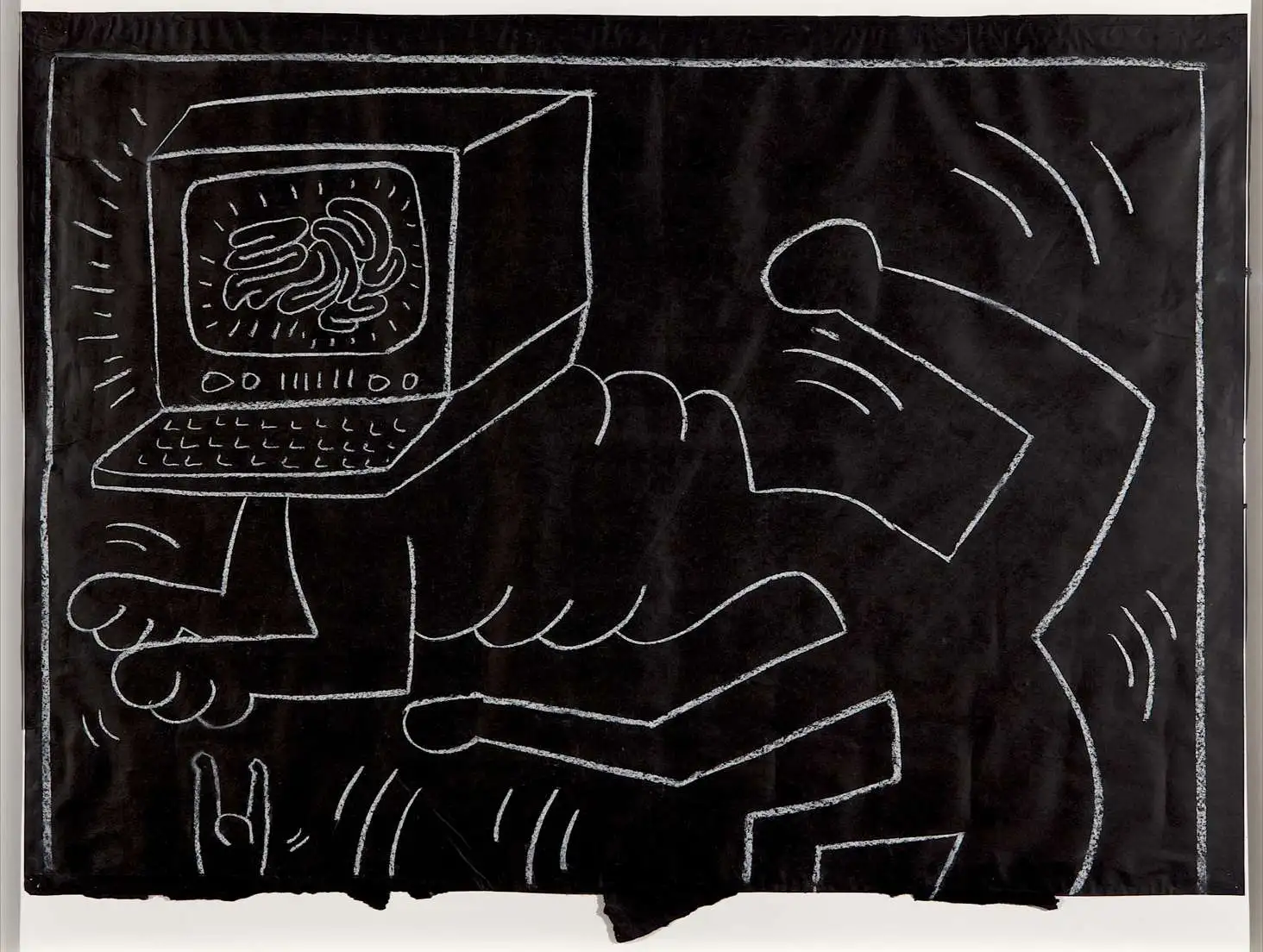 Untitled (computer head), ca. 1980 - 1983, chalk on black paper, 34.5” x 45”Collection of Larry WarshKeith Haring artwork © Keith Haring Foundation. Photo credit: Aaron Igler, Greenhouse Media.