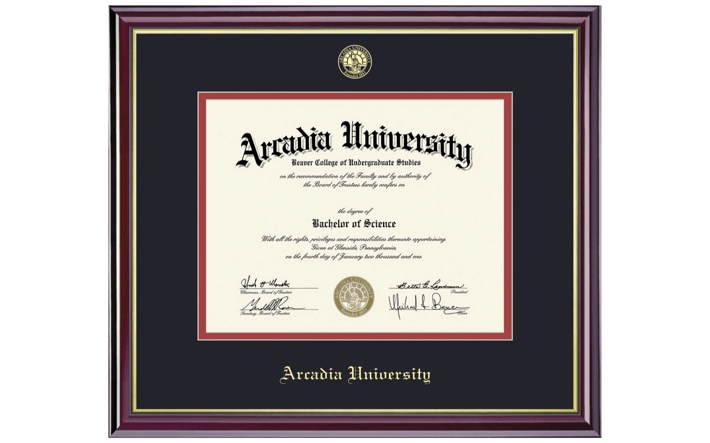 A framed diploma from Arcadia University