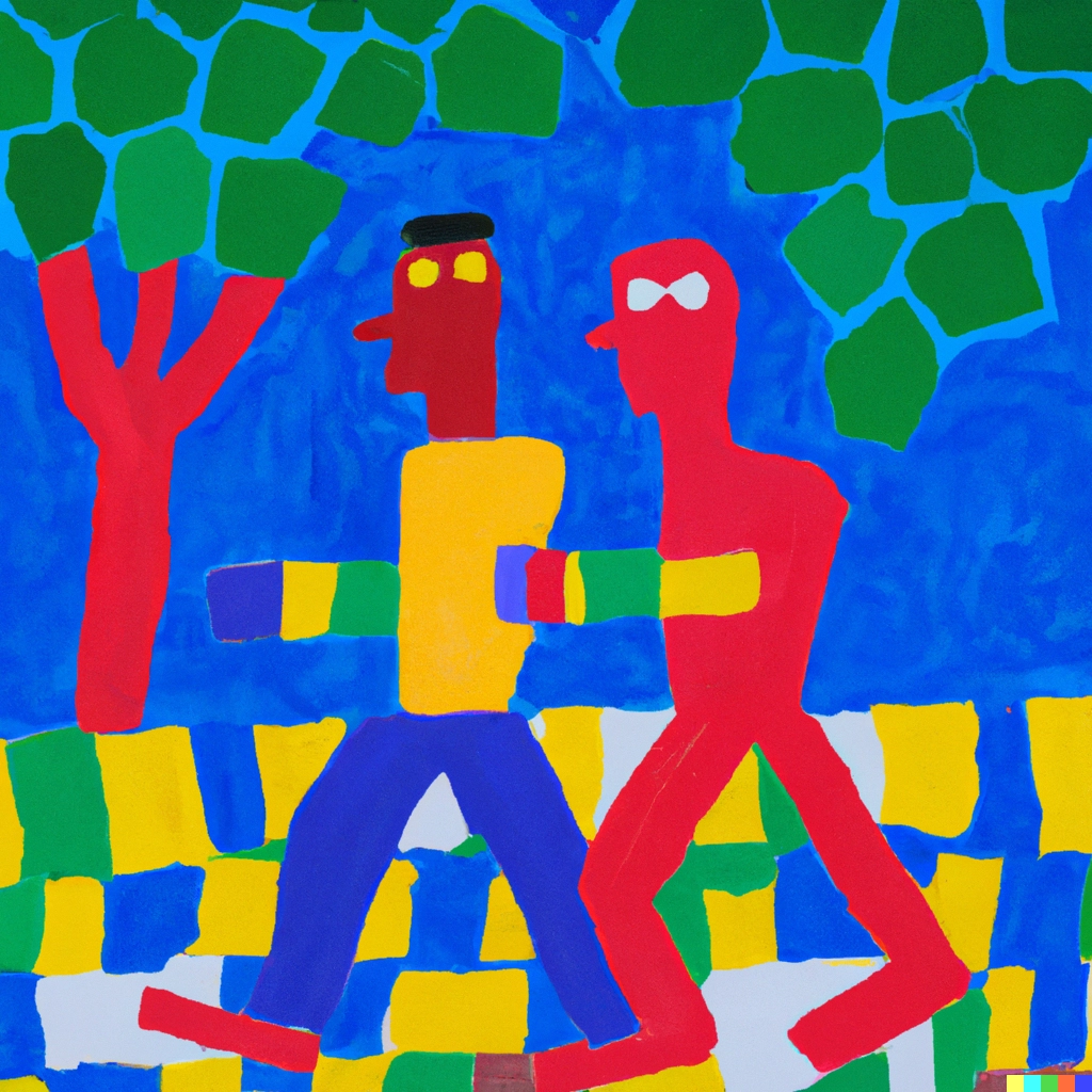 A Matisse painting of two people walking through a park