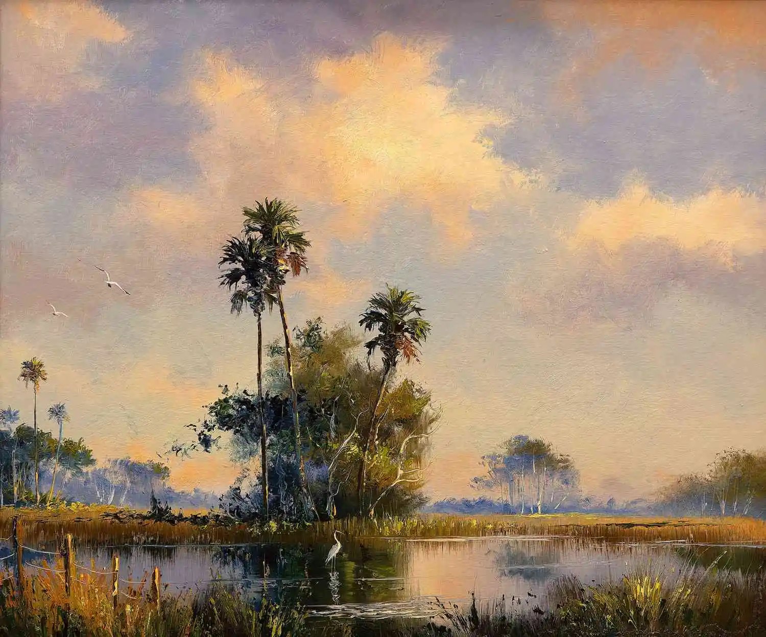 a painting of a marsh with palm trees and birds