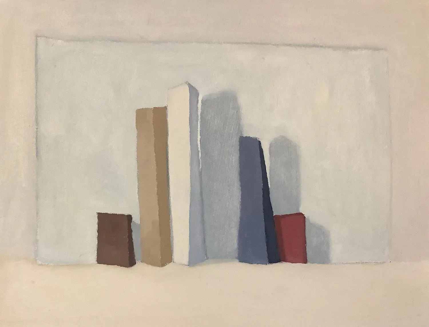a painting of five blocks of various sizes in brown, white, blue and red