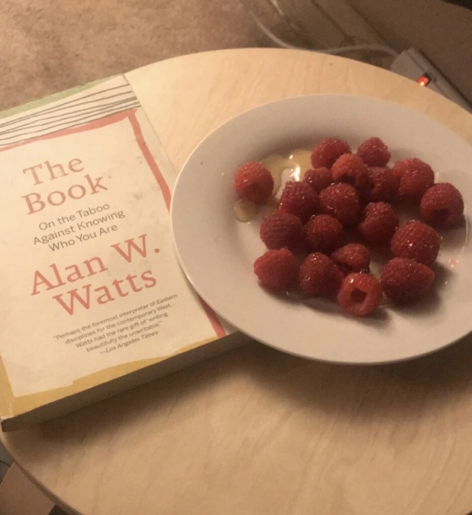 The cover of The Book by Alan W. Watts next to a plate of raspberries