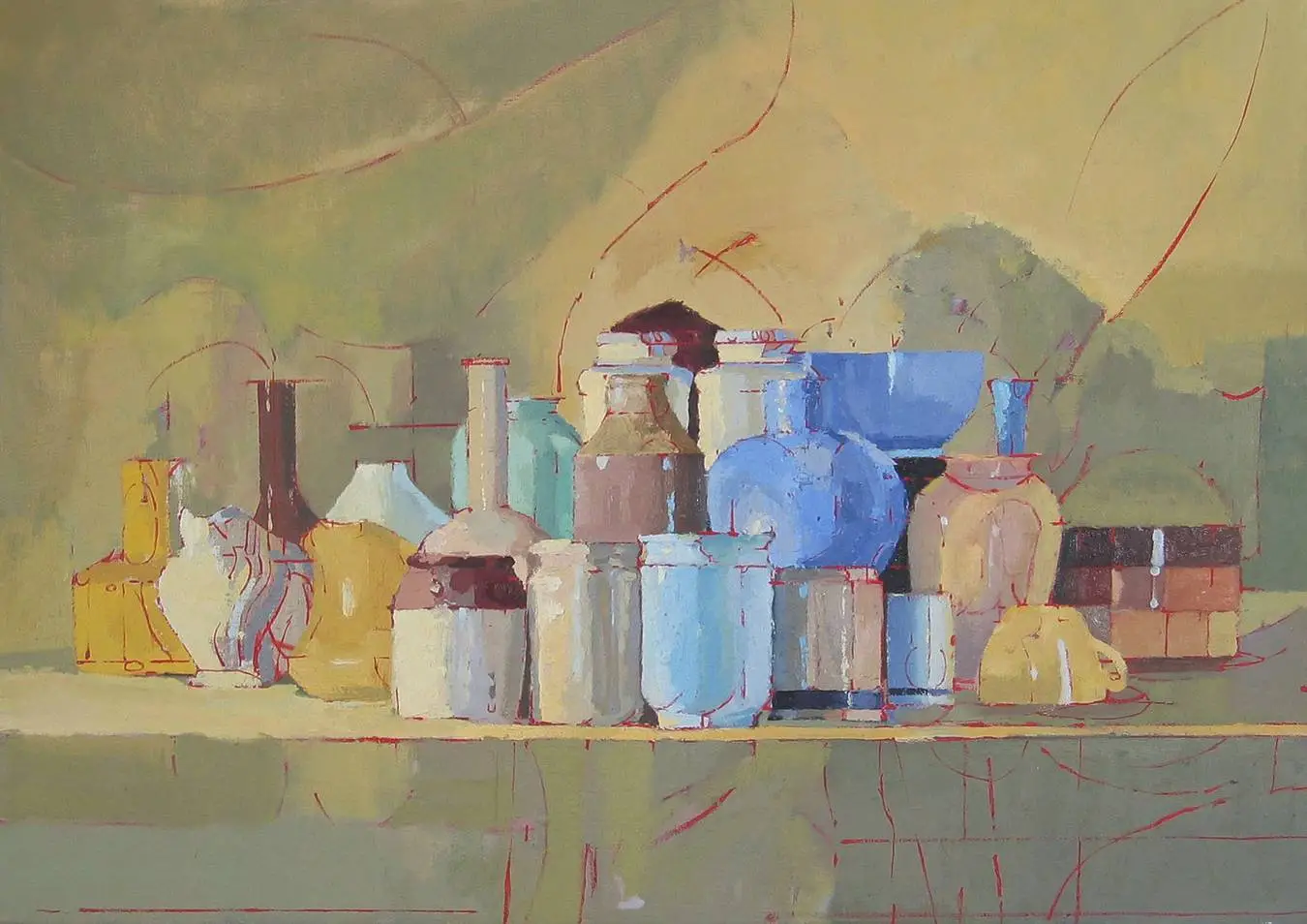 a still life composed of many different sizes and shapes of vessels