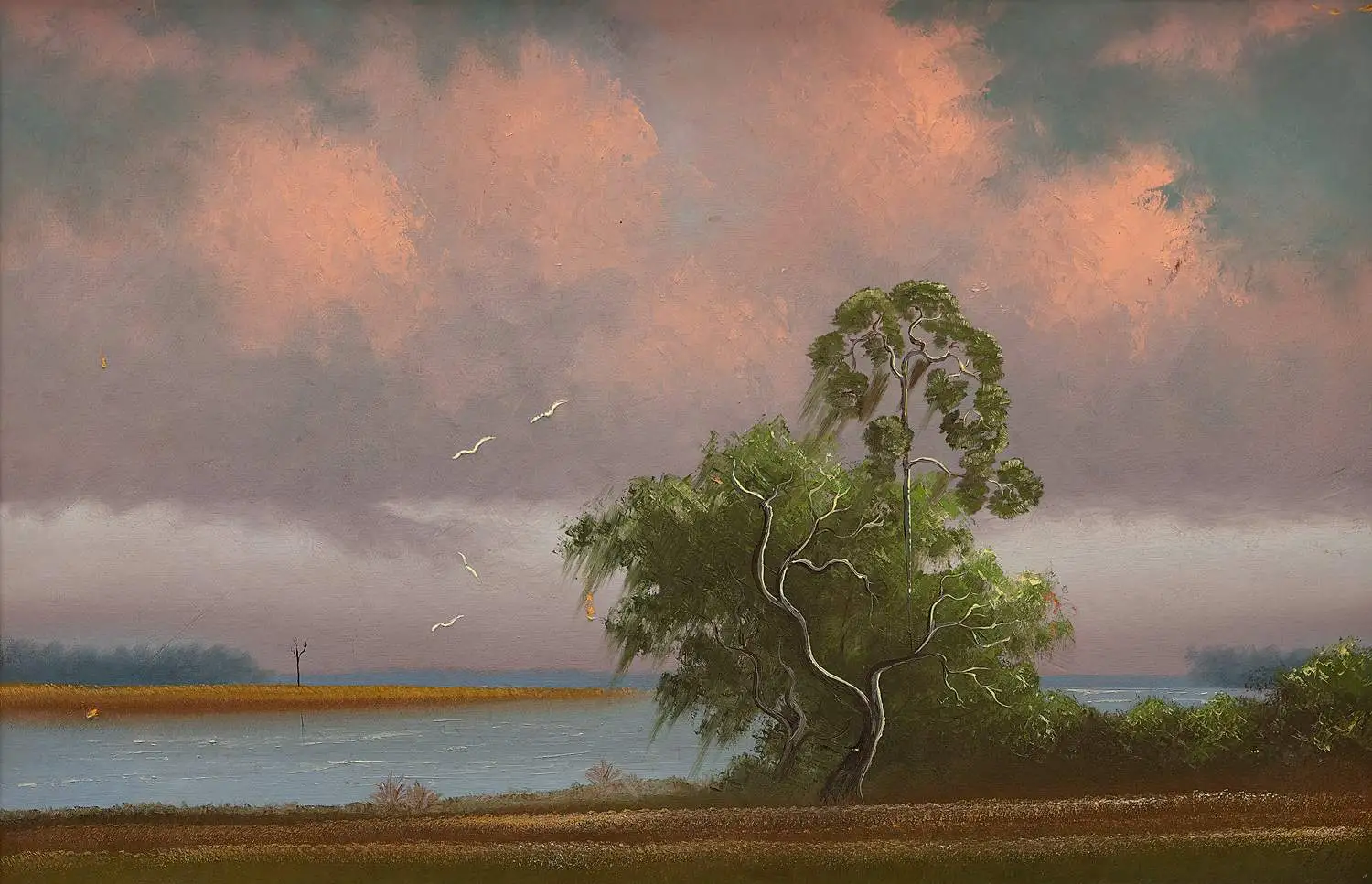 a landscape painting with a tree in the foreground and a river running from left to right behind it