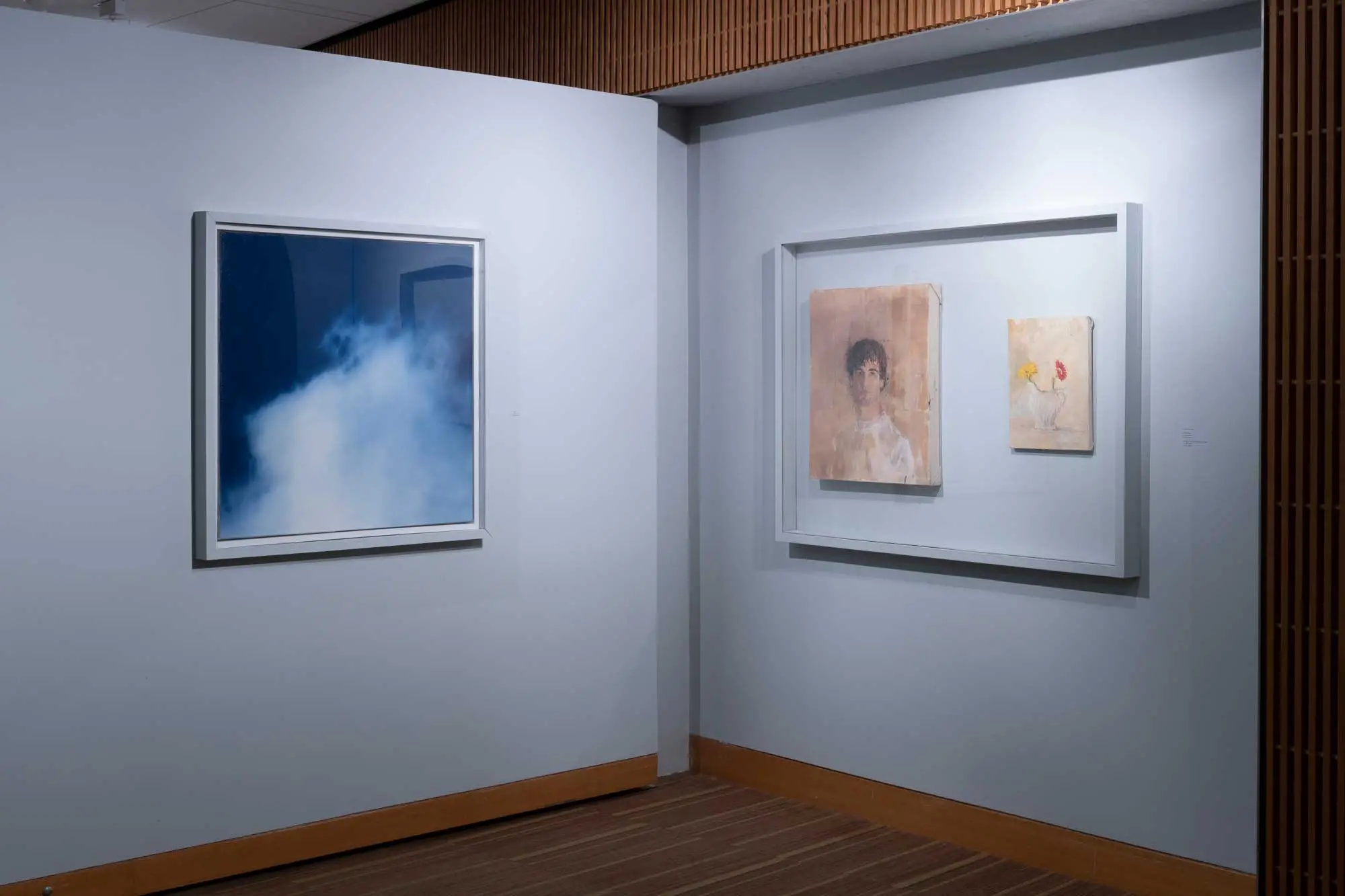 Installation view, "David Cox: What and Where Things Are", Harrison Gallery, Two walls with three paintings, cloud, self portrait, and still life with two flowers