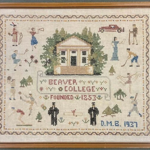 A 1937 Cross Stitch showing Beaver College showing everyday life and its athletics