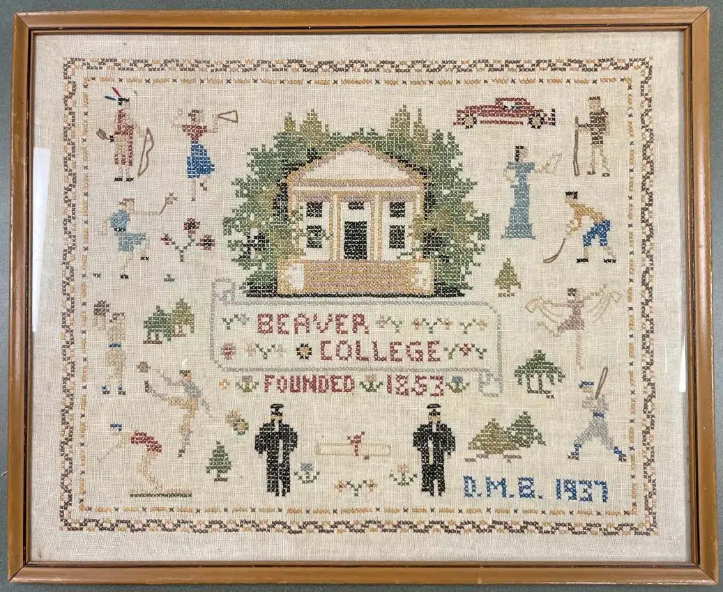 A 1937 Cross Stitch showing Beaver College showing everyday life and its athletics