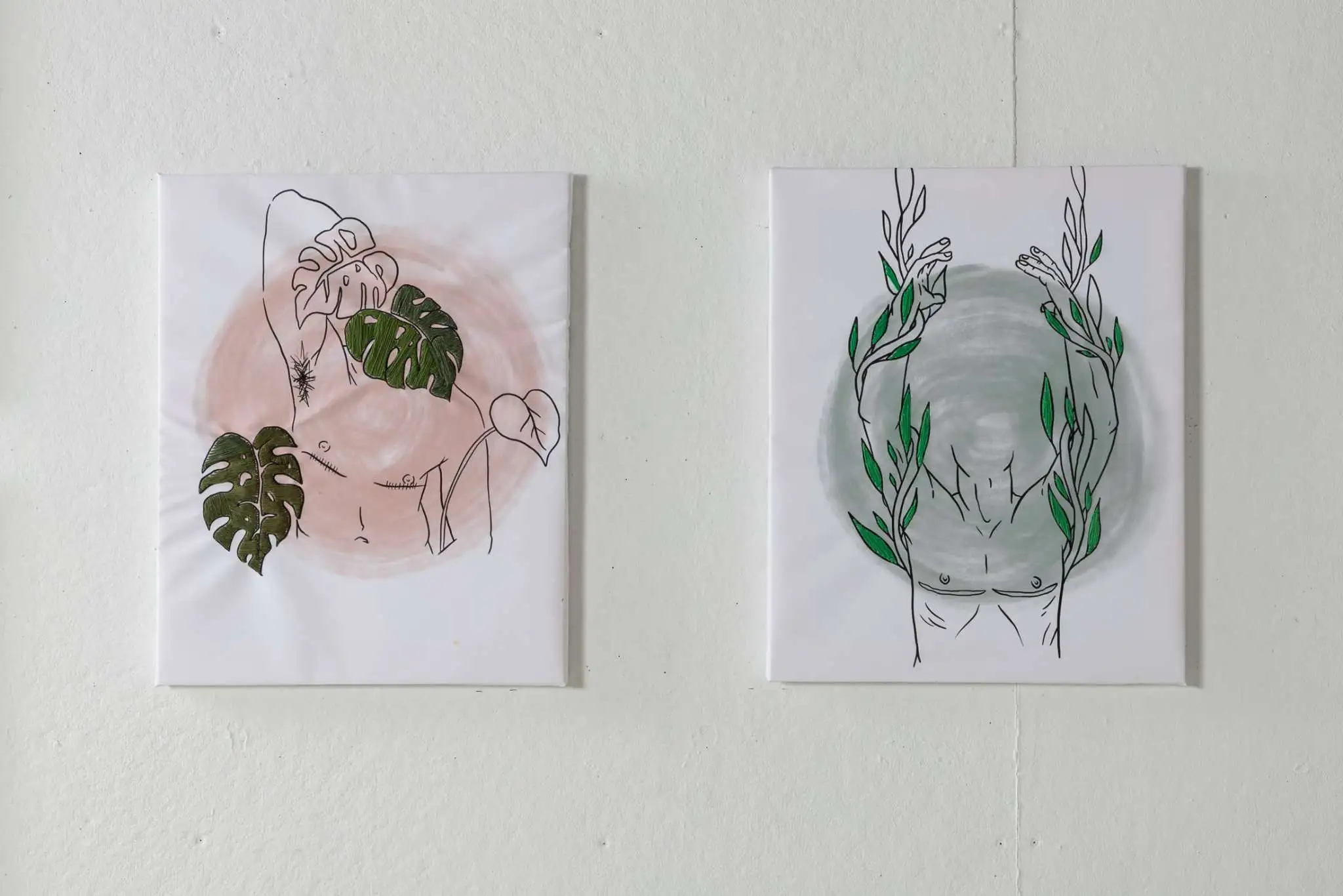 Two pieces of artwork showing masculine figures with leaves wrapping around their body