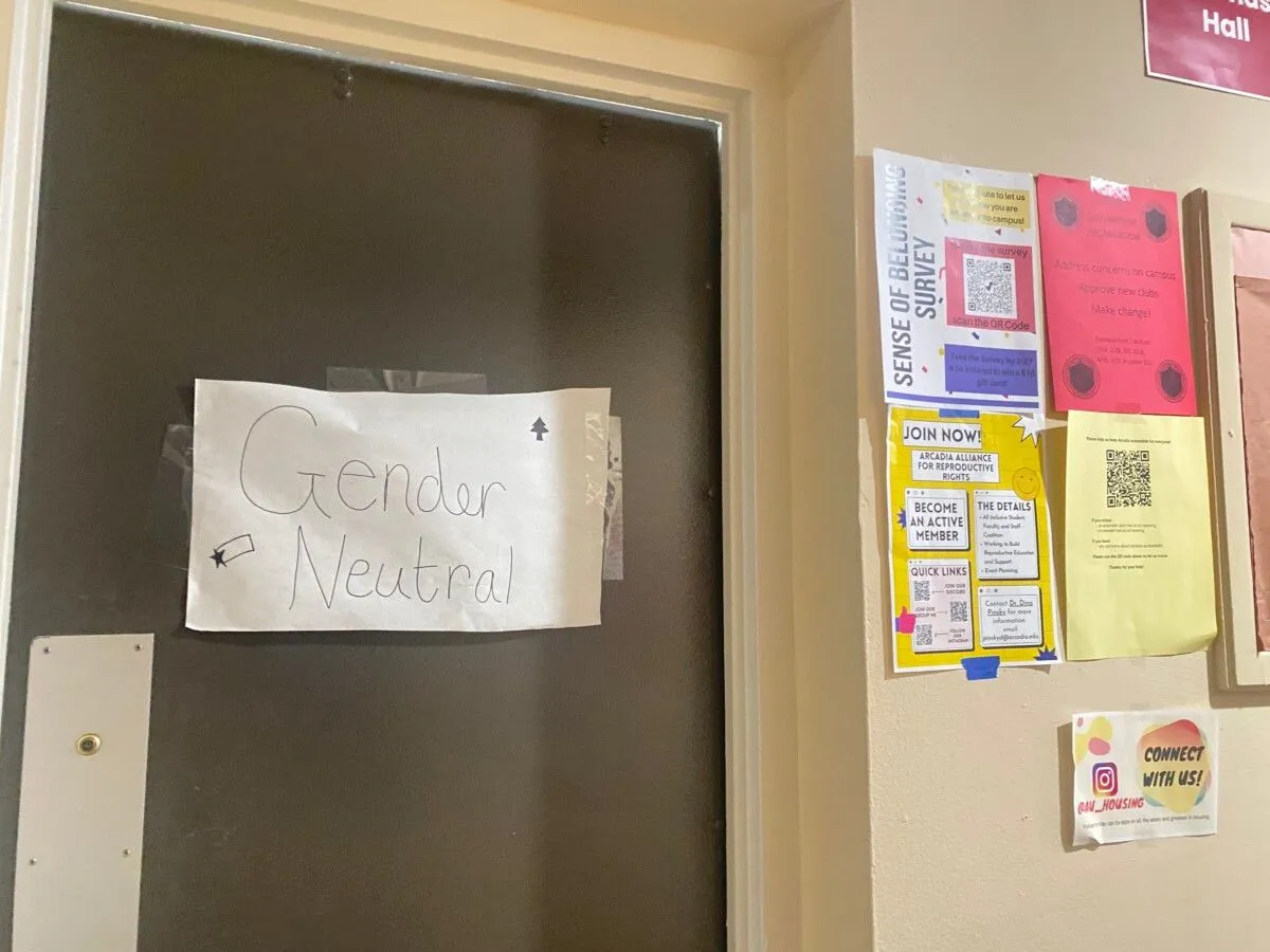 A photo showing a dorm bathroom door showing a sign saying "Gender Neutral"