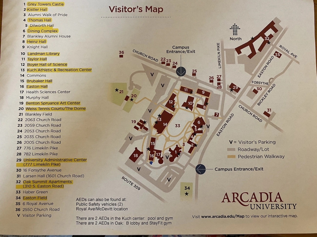 A map of Arcadia University with locations that contain an AED and Narcan highlighted