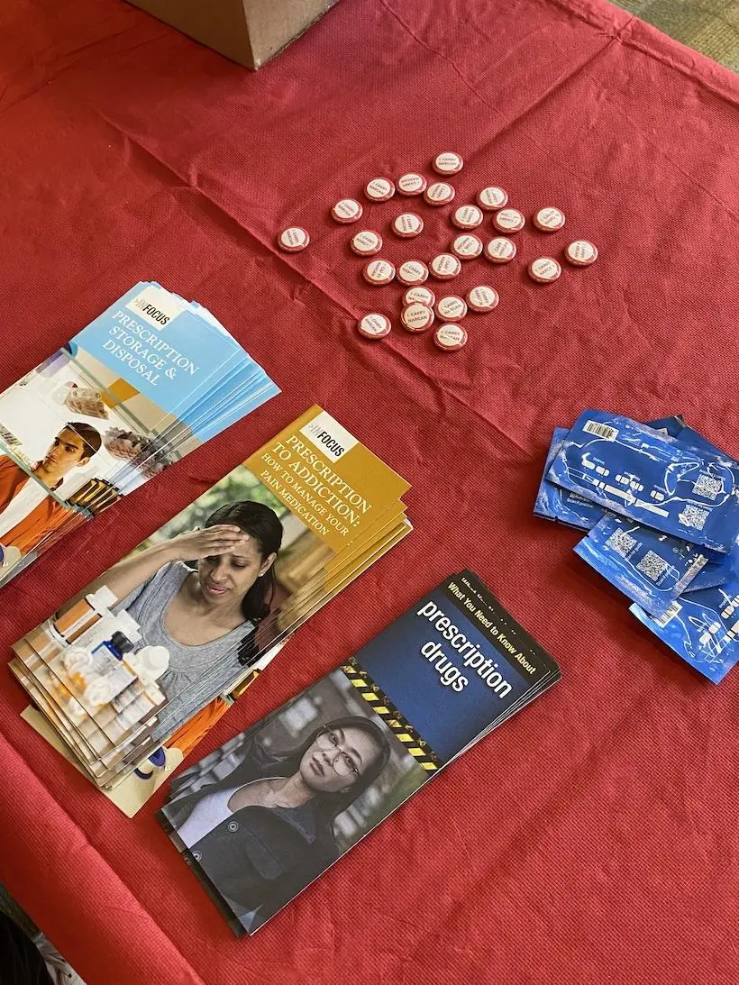 A table of educational materials related to prescription drug disposal and addiction