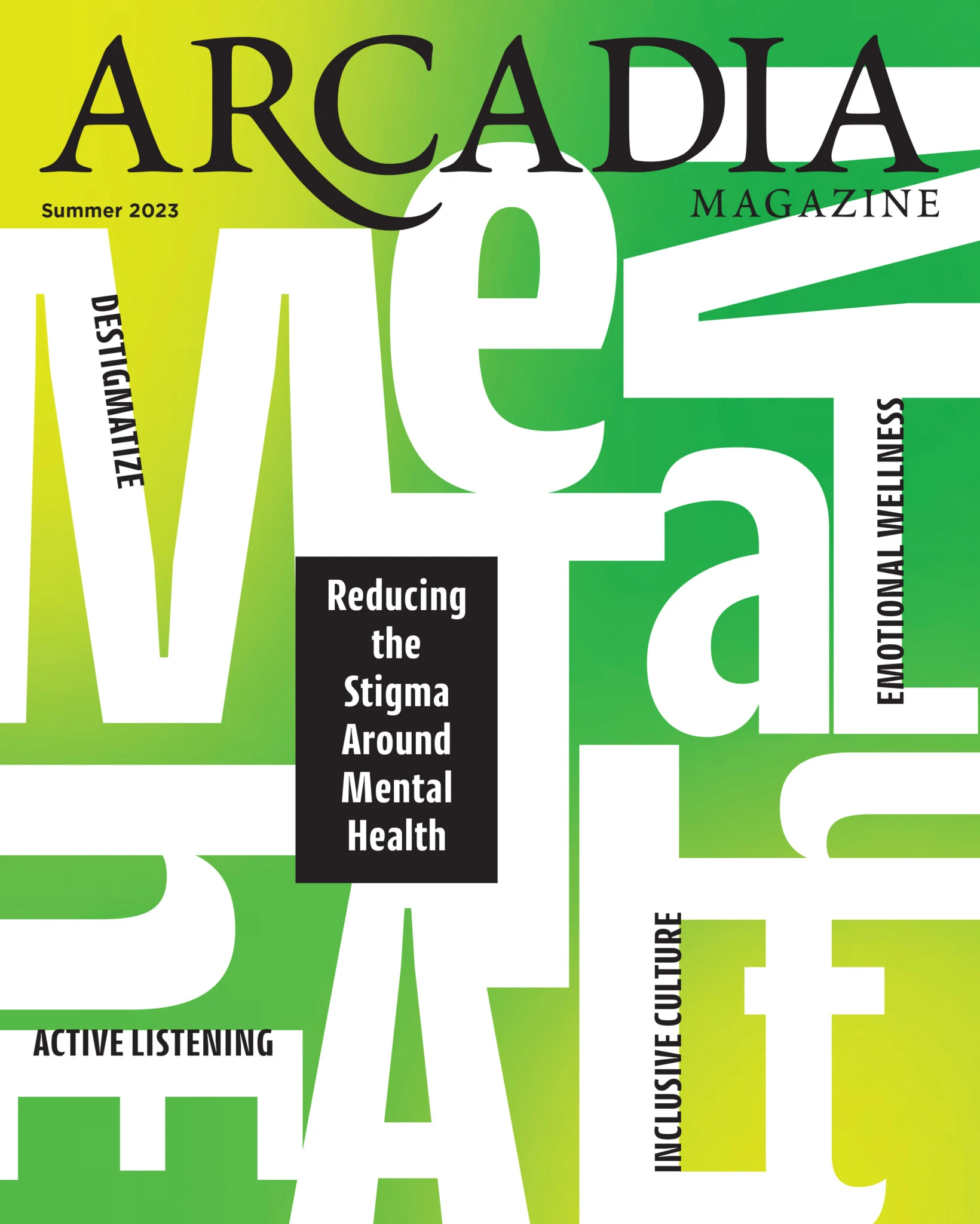 White text over a green and yellow background form the cover of Arcadia Magazine 2023.