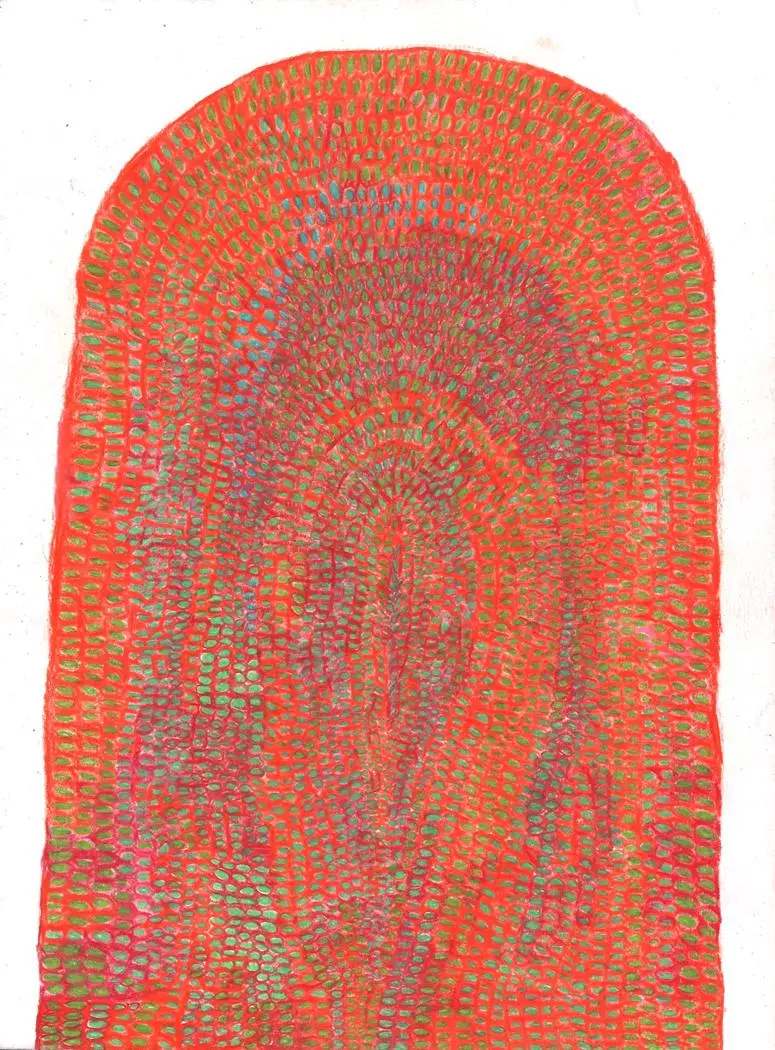 a colored pencil drawing of a red mound with green ovals inside