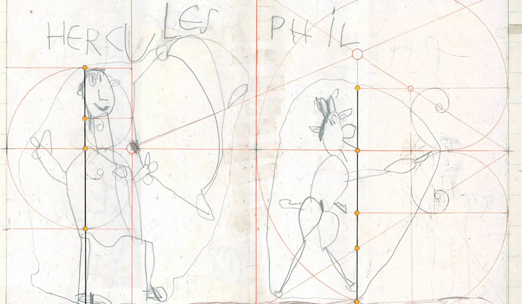 a pencil drawing of two figures labeled "Hercules" and "Phil"