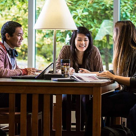 Students talk at a library table.