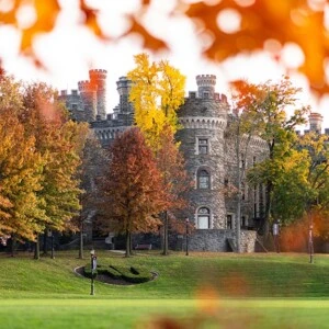 Fall leaf color surrounds the Castle on Arcadia University's campus.