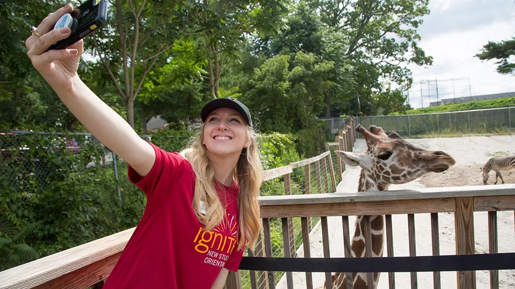 An undergraduate student takes a selfie with a giraffe at a wildlife park overseas.