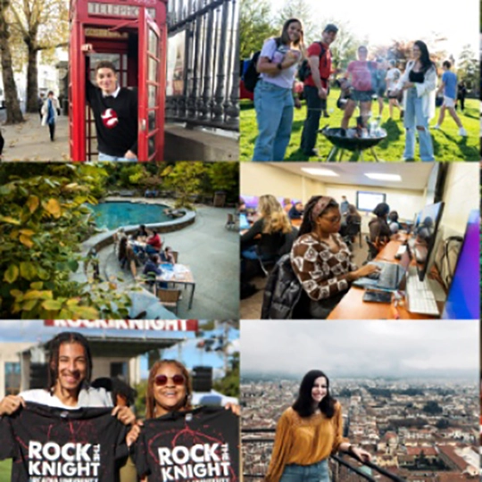 A collage of photos of student life at Arcadia & abroad