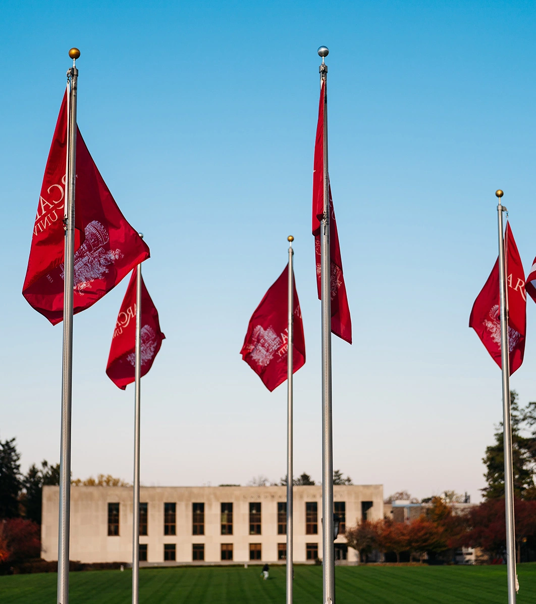 Red Arcadia flags fly on campus.