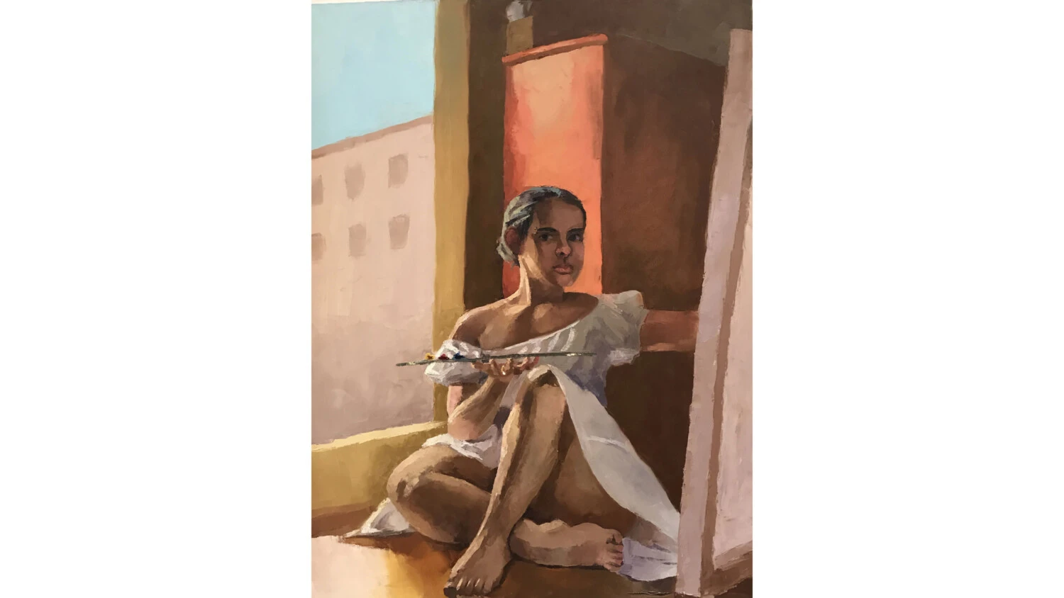 A modern-styled painting of a girl wearing a dress while painting by Justine Moulds '18.