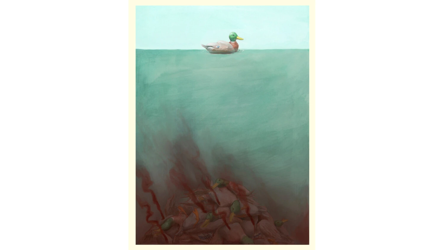 A mallard duck showing dead ducks under water in a painting by Marq Lynch '23.