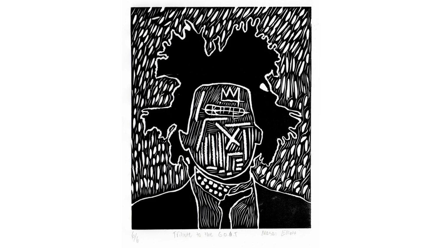 A modern, black and white art print of a face by Masai Pines Elliott '25.