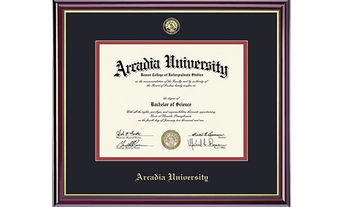 A picture-framed Arcadia University diploma