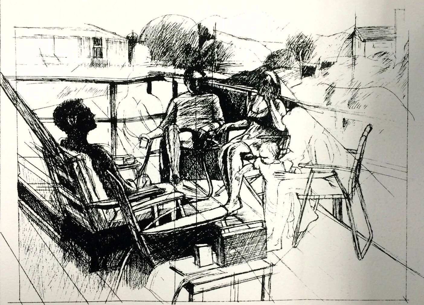 Drawing of people sitting around a table. From "Larry Day: Drawings" Exhibition