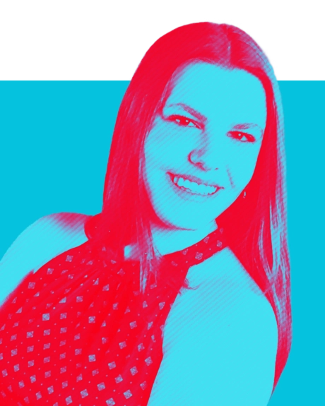 The duotone headshot of Maya Caggiano
