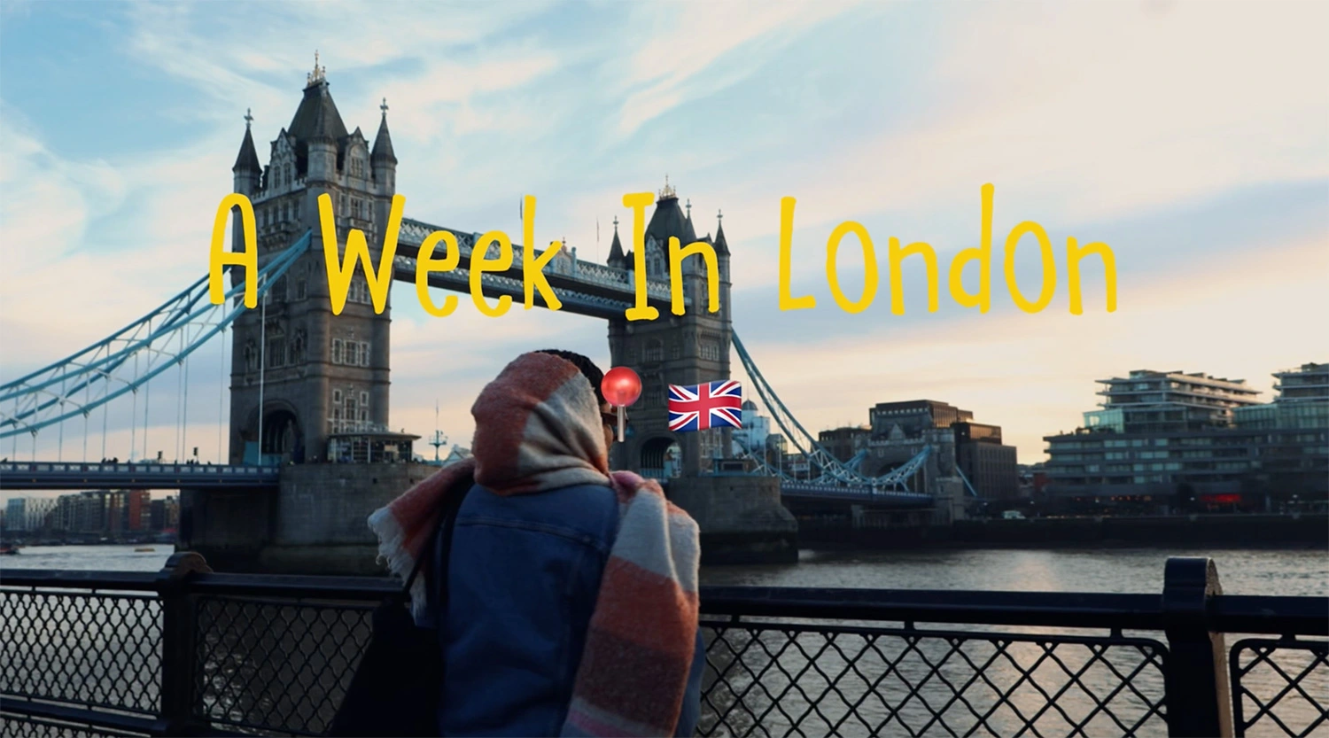 Jamai Vann ’26 looking at the London Bridge with the text "A Week in London" above her.
